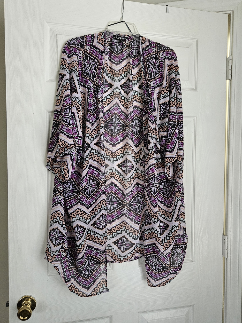 Express Asymmetrical Geo-Print Open Cardigan in Purple and Cream